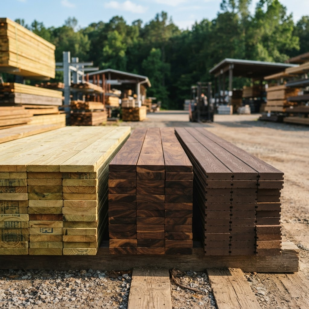 Pressure-treated, hardwood, and composite decking boards in a Brooklyn supply yard
