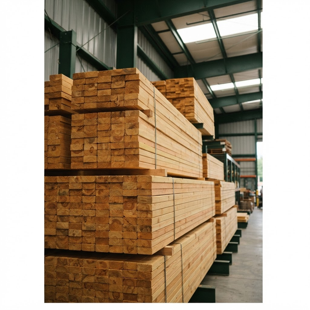 Neatly stacked dimensional lumber showing natural grain