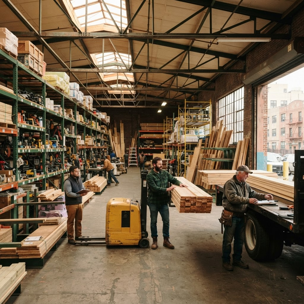 Organized lumber and building material inventory in Brooklyn