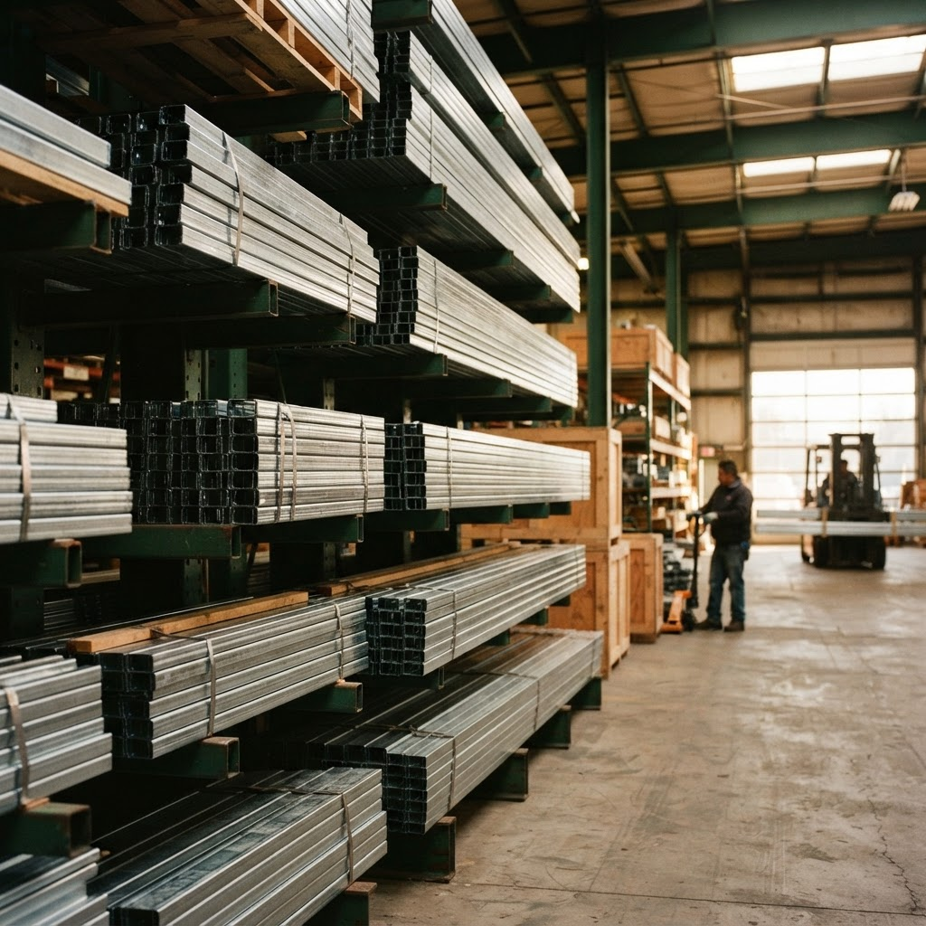 Bundles of galvanized steel studs and track in a Brooklyn contractor warehouse